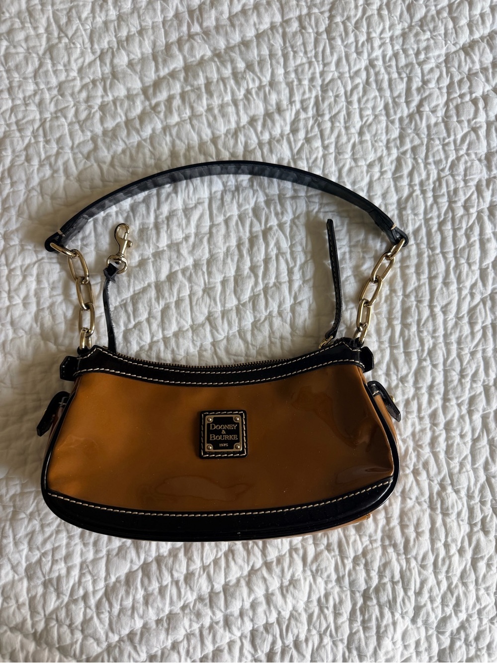 Dooney & Bourke Tan Patent Mini Shoulder Bag with Black Trim